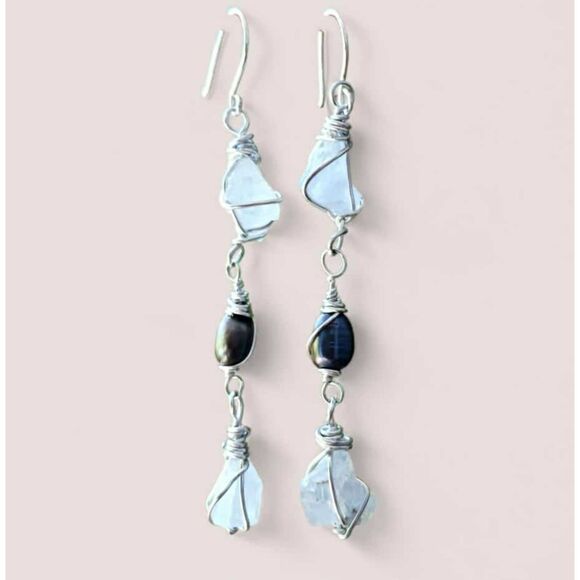 Raw Celestite Crystal & Freshwater Pearl Dangle Earrings, Blue Gemstone Jewelry - Picture 3 of 8